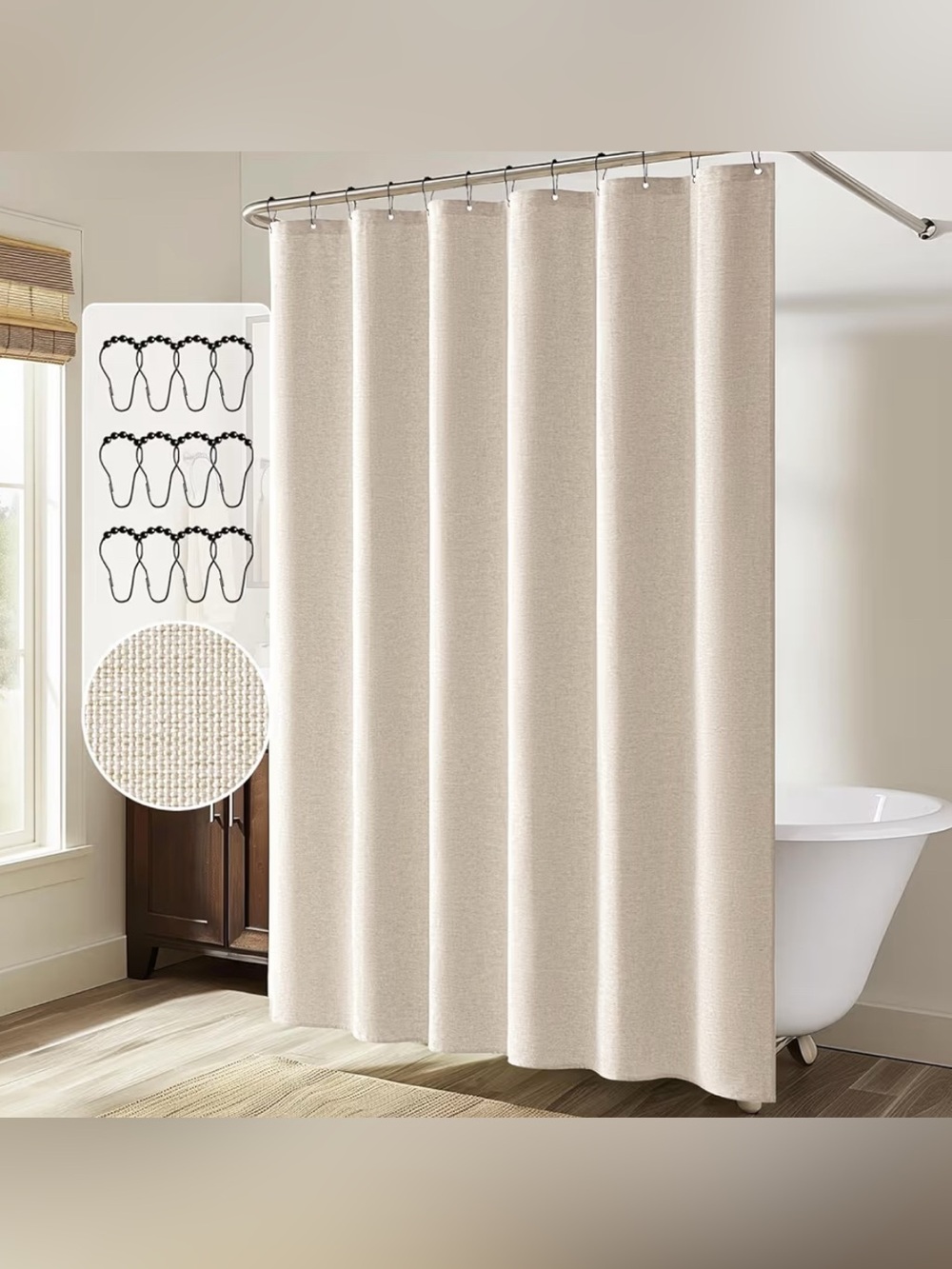 Miulee Extra Long Linen Shower Curtain with 12 Metal Hooks 72x84 Cream